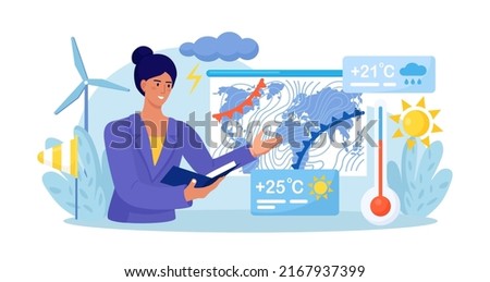 Weather forecast online. Presenter with atmospheric precipitation map on background. Weather broadcast. Woman presenting meteorology newscast. Meteorological television news and announcement