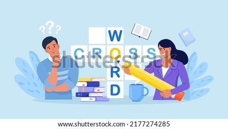 People Solve Huge Crossword Filling Empty Boxes with Letters. Tiny Characters with Pencil Solve Puzzle. Brain Training, Logic Game. Woman and Man Thinking on Riddle. Spare Time Recreation