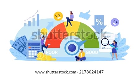 Credit score, rating. People examining client creditworthiness report with credit history. Bank analysts evaluating ability of prospective debtor to pay debt. Payment history data meter. Loan, mortage