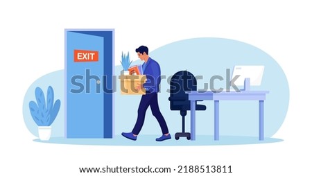 Dismissal, employee replacement. Unhappy man dismissed from job, leave office with stuff in box. Unemployed jobless benefit. Unemployment dismissal of workers. Layoff, crisis, employee job reduction Stockfoto © 