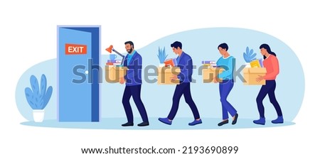 Unhappy Fired People Leaving Office with Stuff in Carton Boxes. Dismissal, Unemployment, Jobless and Employee Job Reduction. Businessman Bankrupt Dismiss Group of Employees. Layoff concept Stockfoto © 