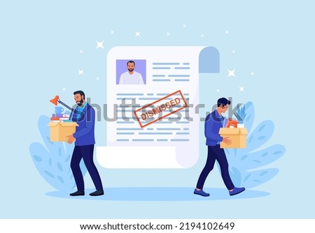 Dismissal, employee replacement. Unhappy man dismissed from job, leave office with stuff in box. CV resume, personal data. Unemployment dismissal of workers. Layoff, crisis, employee job reduction