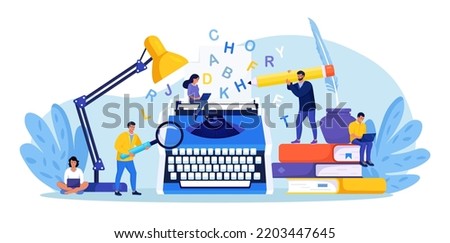 Literature. Author writing chapter of novel, poetry book. Bestseller publishing. People standing near typewriter with paper and words, reading book. Screenwriter, poet or journalist working on article