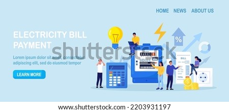 People paying utilities. Invoice and electricity meter. Man worried, stressed over bill. Utility bills payment. Electricity consumption expenses. Technician repair, meter installation, energy saving