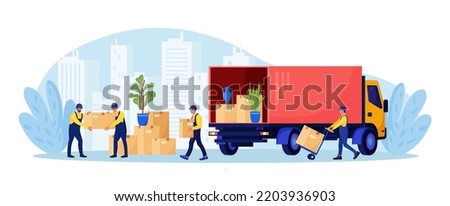 Relocation, moving to new house. Man in overalls loading box in van. Professional delivery company, loader service. Workers carry goods and furniture using trolley. Pile of stacked boxes in truck