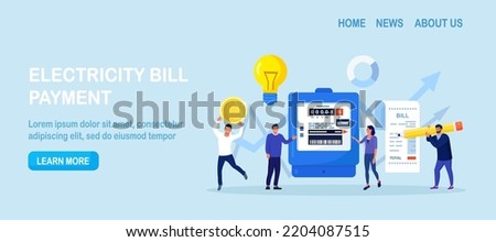 People paying utilities. Invoice and electricity meter. Man worried, stressed over bill. Utility bills payment. Electricity consumption expenses. Technician repair, meter installation, energy saving