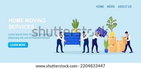 Moving to new apartment. Home relocation. Delivery company services. Loaders in overalls taking home appliances, goods, plants out of apartment. Movers carrying cardboard boxes, assembling furniture