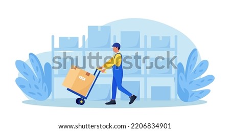 Warehouse worker pushing hand cart with effort, man moving pushcart. Carrier carrying goods in cardboard boxes on dolly. Loader with cargo on trolley. Logistics and delivery service. Storage equipment