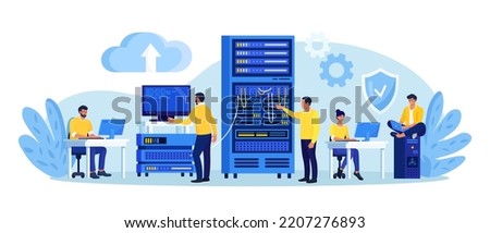 System administrator upkeeping server, adjusting network, PC hardware. Sysadmin repairing computer. Administration, data center maintenance service. Repairman doing technical work with server rack