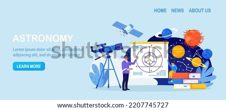 Astronomy, astronomical observation. Pupil at astronomy class in planetarium. Children learning planets, universes. Student studying galaxy through telescope, watching meteors constellation of stars