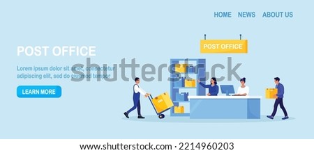 Post delivery office with reception desk. Postman giving parcels to customer in post department. Postal worker, courier carrying boxes, pushing hand cart. Parcel shipping, correspondence delivery