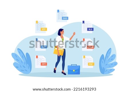 Converting, exchanging different file formats. Woman sharing or send with document in pdf, doc, xls or txt format. Documents conversion. Cloud service and information exchange. Download files