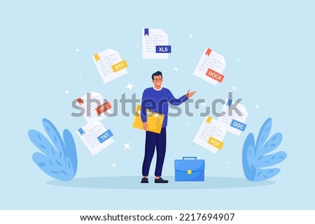 Converting, exchanging different file formats. Man sharing or send with document in pdf, doc, xls or txt format. Documents conversion. Cloud service and information exchange. Download files