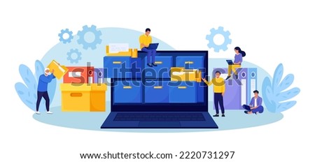 Document archiving and storage. Business people search files in archives. Support service, database. Men working with information, documents and statistics in analytical department. Folder in archive