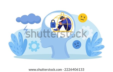 Head silhouette with mental trap as closed cage. Psychological mindset problem as feeling like trapped in birdcage. Stuck in comfort zone. Personal growth issue. Person with distorted world view