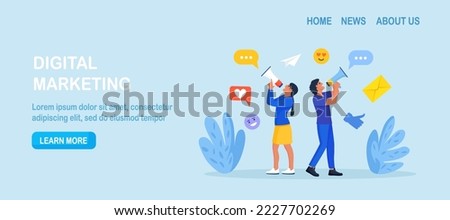 Social Media Promotion and Digital Marketing. People Standing and Use Loudspeaker to Communicate with Audience. Marketing Announcement. PR Agency Teamwork. Content Strategy and Management. Advertising