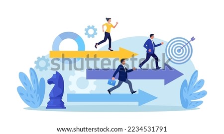 Business people compete running on arrows. Business competition. Contest or rivalry against competitors to increase sales. Career success or achievement. Skill or effort to succeed in work, motivation Stock foto © 