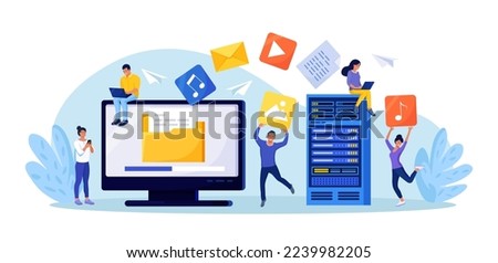 File Transfer. Computer screen with folders, transferred documents to server. Copy files, data exchange, backup. Saving document in storage. Digital data migration between devices People sharing files