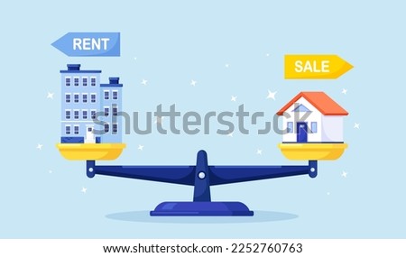 Apartment and house on scales. Choosing between rent apartments or buying housing. Investment opportunities to invest in home or condo. Sale or rent real estate, rental expense. Mortgage loan