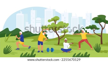 Senior People Exercising Outdoors Doing Yoga for Healthy Body, Flexibility and Wellness. Elderly Characters Training, Exercising at City Park. Pensioners Morning Workout. Healthy Sports Activities