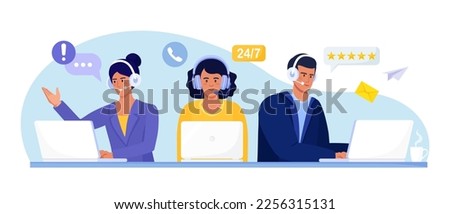 Customer service online. Hotline operator with headphones and microphone advises customers. Call center, client assistance. Live chat technical support