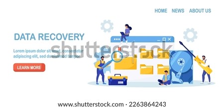Data recovery service, data storage backup. People in worker uniform repairing HDD. Hardware hard disk repair. Restoration process and protection documents. Transfer digital database to hosted folder