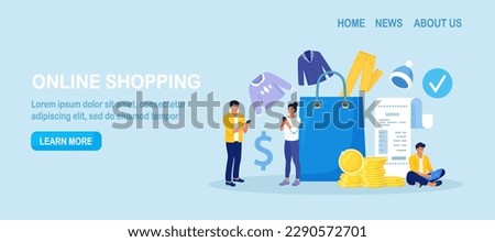 People shopping online using laptop, phone, pay with mobile app. Customer choosing modern apparel, wearing, accessories for wardrobe. Internet garment shop, e-commerce, sale. Shopping bag with garment