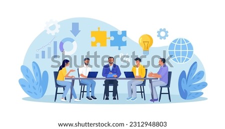 Business people thinking and solving problem. Brainstorming, research and development. Creative team working on project strategy. Teamwork, cooperation, partnership. Business future planning analysis
