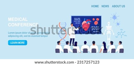 Medical conference, education. Students study research in cardiology science. Doctor giving speech on medicine seminar for audience. Scientist presenting human heart infographics at workshop training