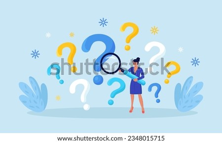 Woman holding magnifying glass, researching information. FAQ Frequently Asked Questions, query. Root cause analysis, solving problem. Creative thinking idea. Investigate, search or analyze data