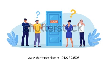 Preoccupied businessmen are standing near the closed door. Problem, confusion, questions. Bankruptcy of small business. Stopping commerce activity. Job loss
