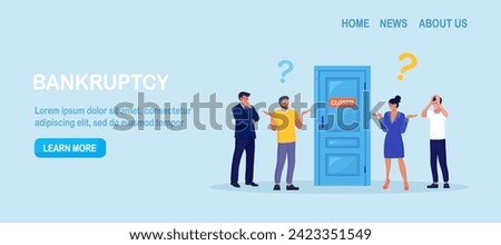 Preoccupied businessmen are standing near the closed door. Problem, confusion, questions. Bankruptcy of small business. Stopping commerce activity. Job loss