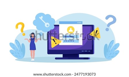 Confused woman forgetting her password for web page. User assistance and password reset services. Person who forgot his personal data when he wanted to log in. Authorization and identification