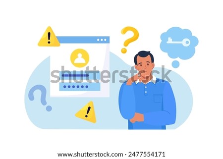 Confused man forgetting her password for web page. User assistance and password reset services. Person who forgot his personal data when he wanted to log in. Authorization and identification