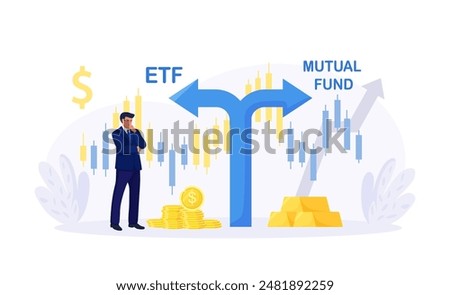 ETF. Exchange traded fund. Index fund or mutual fund. Businessman investor choosing between investing products. Diversified investment portfolio, wealth management and asset allocation. Money question