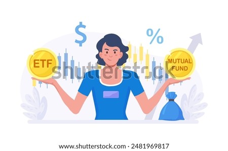 ETF. Exchange traded fund. Index fund or mutual fund. Person investor choosing between investing products. Diversified investment portfolio, wealth management and asset allocation. Money question