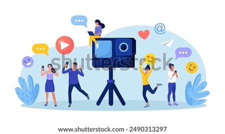 Blogger people make video blog content, channel in social media. Man in front of phone camera recording video to share it in internet. Live streaming, broadcast. Online conferencing and communication