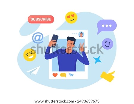 Social media post, blogging. Influencer, blogger make video blog content. Character in front of phone camera recording video to share it in internet. Live streaming, broadcast. Selfie creative idea