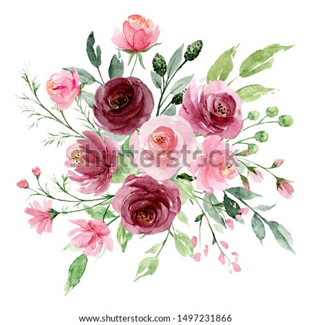 Pink flowers watercolor, floral clip art. Bouquet roses perfectly for printing design on invitations, cards, wall art and other. Isolated on white background. Hand painting. 