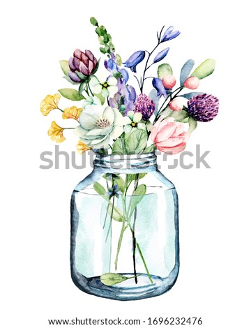 Flowers watercolor painting, glass jar with wildflowers and leaf, floral clip art for greeting card, invitation, poster, wedding decoration and other printing images. Illustration isolated on white.