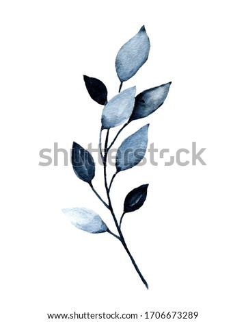 Watercolor branch, blue indigo leaves. Botanical illustration isolated on white background.  Clip art leaf hand painting. 