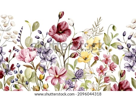 Watercolor pink wild flowers. Floral summer repeat border for printing invitations, greeting cards, wall art, stickers and other. Isolated on white. Hand painted.