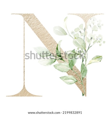 Floral alphabet, letter N with watercolor flowers and leaf. Monogram initials perfectly for wedding invitations, greeting card, logo, poster and other design. Hand painting. Foto stock © 
