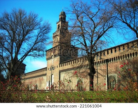 MILAN, ITALY - DECEMBER 31, 2011: Sforza Castle, a major tourist attraction of MIlan, was built in the 15th century by Francesco Sforza, Duke of Milan on the remains of a 14th-century fortification.