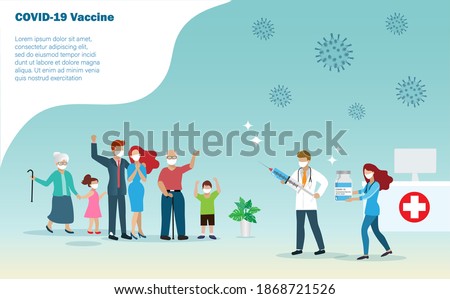 Covid-19 coronavirus vaccination for people all aged. Doctor injecting covid-19 vaccine to happy big family, elderly, young man and kids at hospital. World hope for covid-19 vaccine concept. 商業照片 © 