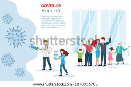 Doctor holding covid-19 vaccine fighting coronavirus protecting all aged family. Idea for medical team effort and world hope for COVID-19 vaccine to save mankind lives. 商業照片 © 
