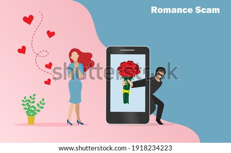 Romance scam, dating scam, cyber crime, hacking, phishing and financial security concept. Hacker,scammer online chatting with woman and sending rose flowers on smartphone screen. 