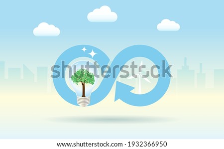 Circular economy icon with lightbulb, wind turbines with building cityscape background. For sustainable strategy goal of eliminate waste and pollution, renewable and reuse natural resources.