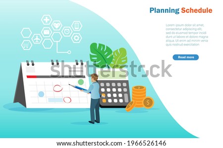 Planning schedule and budget. Man arrange planning and appointment agenda in monthly calendar with calulator and gold coins background.  