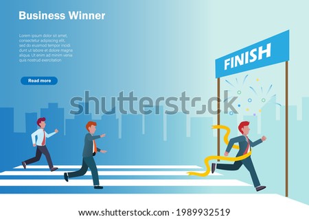 Successful business winner and rivals. Businessman run crossing to finish line in business competition with first prize ribbon celebrating.